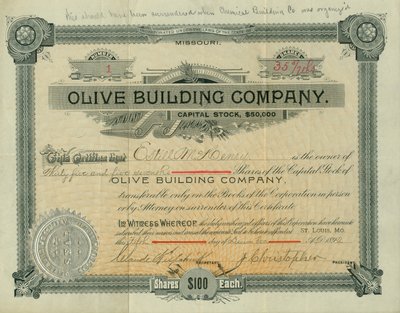 Olive Street Building Company Stock Certificate Issued to Estill M. Henry, December 5, 1892 by Claude Kirkpatrick